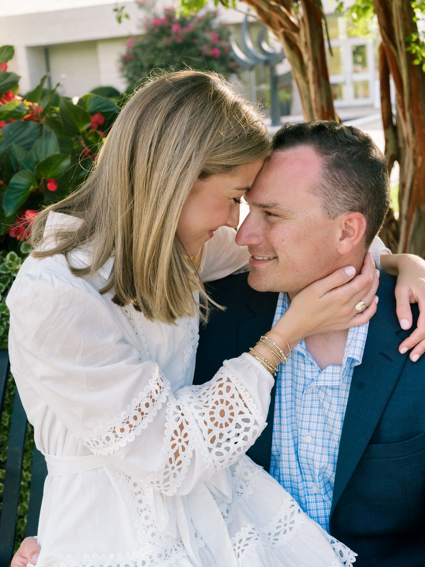 intimate engagement portrait couple foreheads together Auburn Alabama wedding photographer